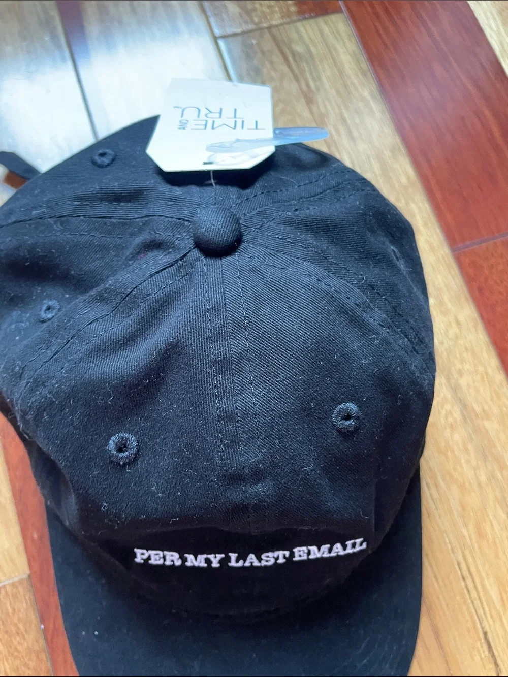 Time and Tru Black Baseball Cap with White Embroidered Text